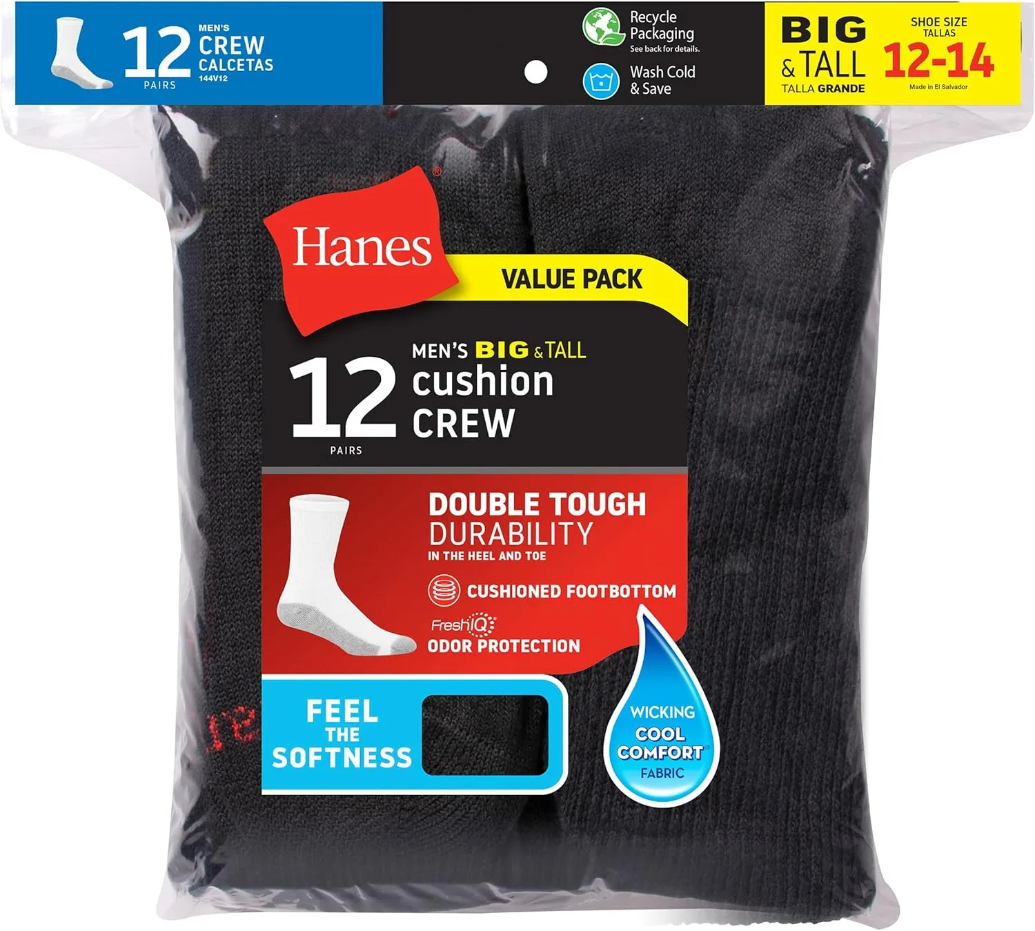 Hanes Men's Double Tough Crew Socks, 12-Pair Pack