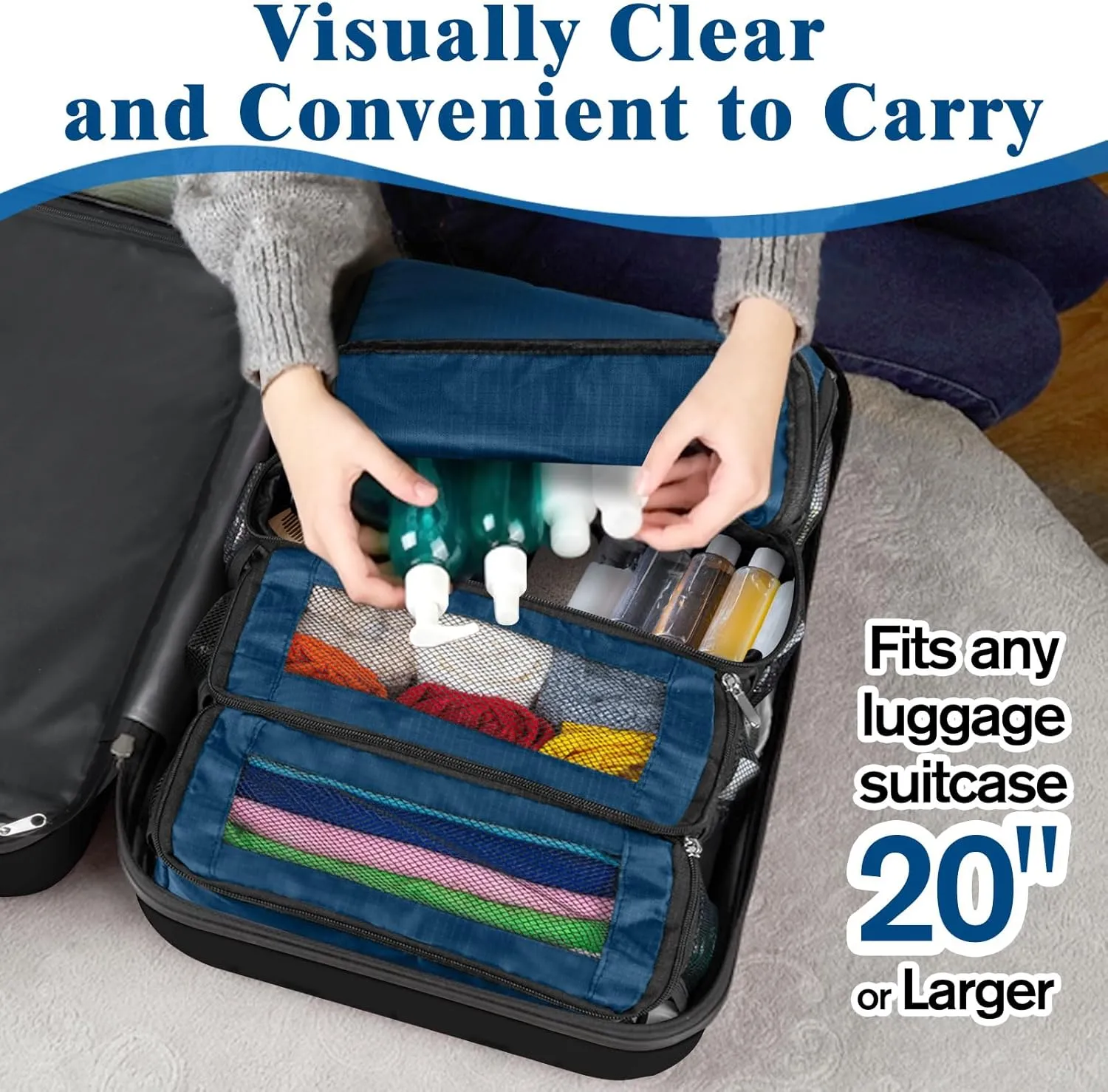 Hanging Travel Organizer, Carry on Luggage Suitcase Organizer, Travel Essentials Portable Travel Shelves Packing Cube for Travel Cruise Small,Navy Blue
