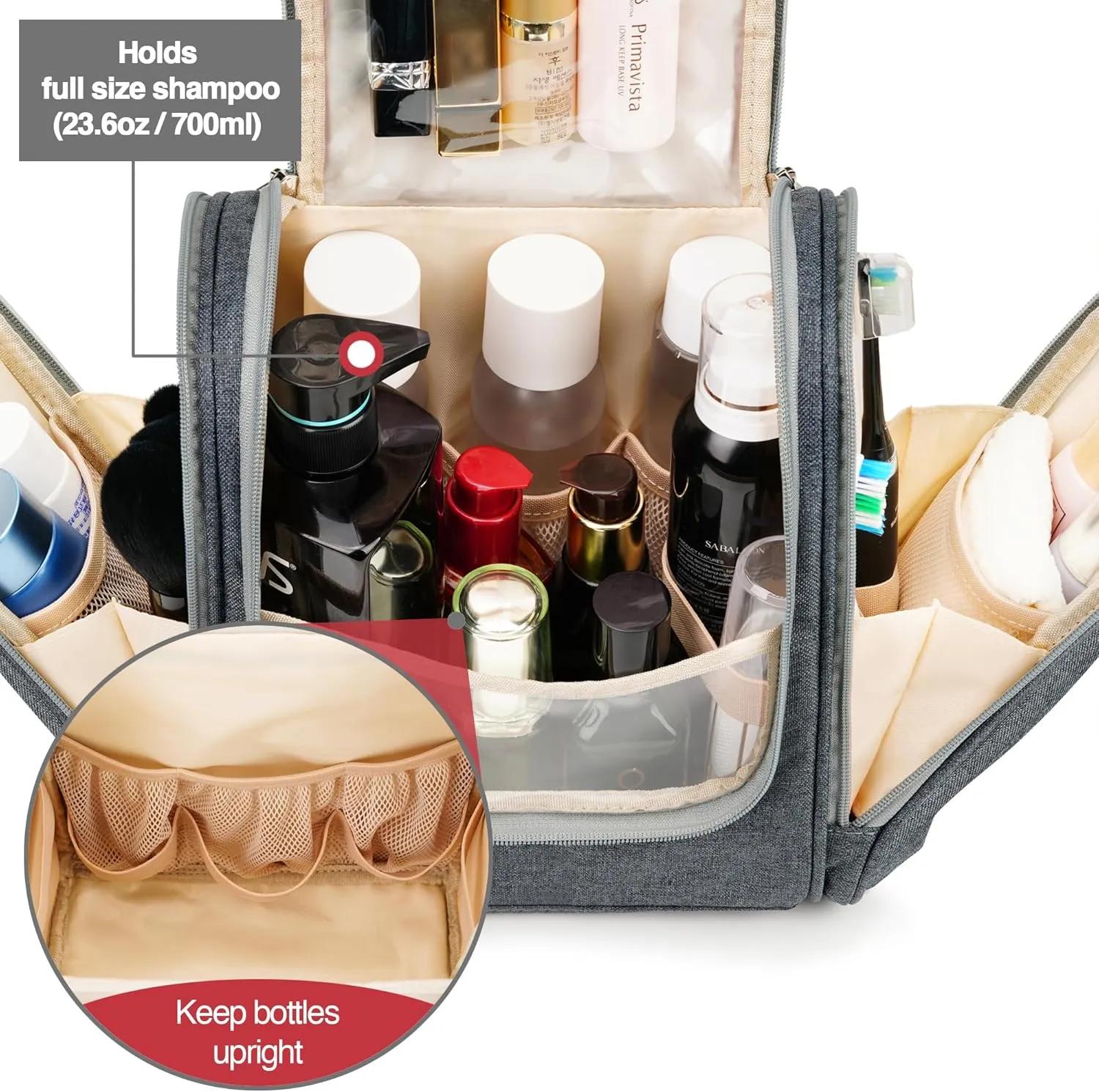 Hanging Travel Toiletry Bag for Women and Men, 6 Organizer Compartments, Extra Large Toiletries Bag, Bathroom Cosmetic Bag, Water-resistant Makeup Bag, Holds Full-Size Shampoo, Grey