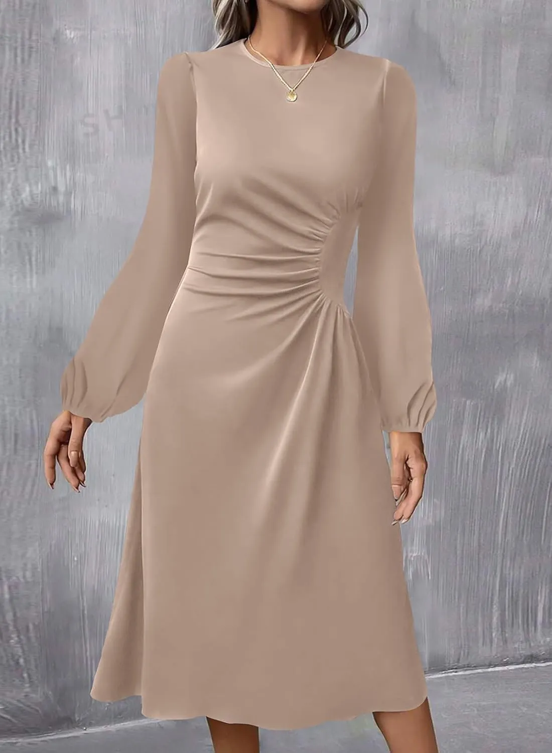 Happy Sailed Women's Long Sleeve Ruched Waist Flowy A Line High Low Midi Cocktail Party Dress