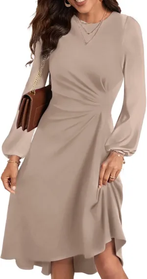 Happy Sailed Women's Long Sleeve Ruched Waist Flowy A Line High Low Midi Cocktail Party Dress