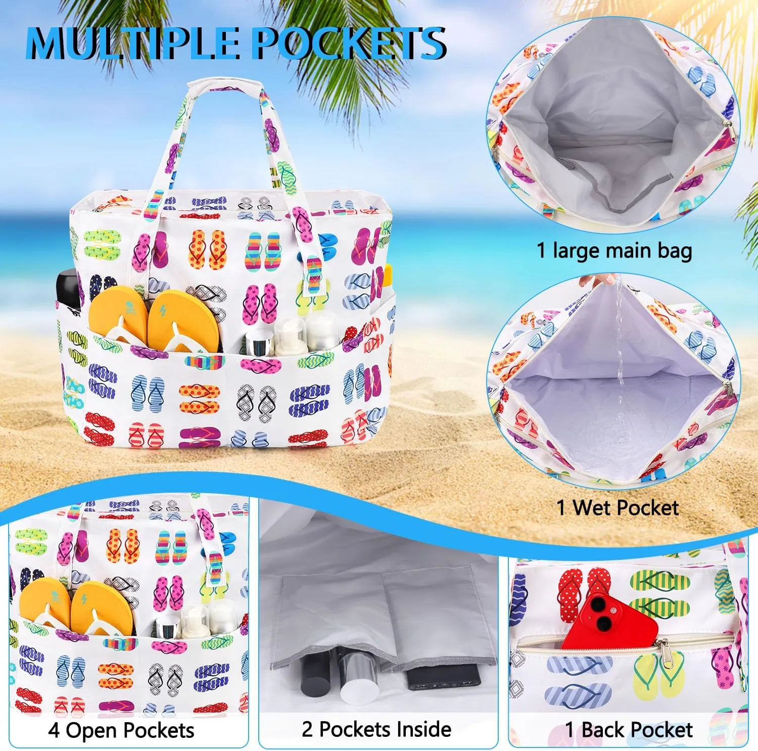 hatisan Beach Bag Waterproof Sandproof for Women Extra Large Beach Tote Bag Pool Bag for Gym Travel with Wet Compartment