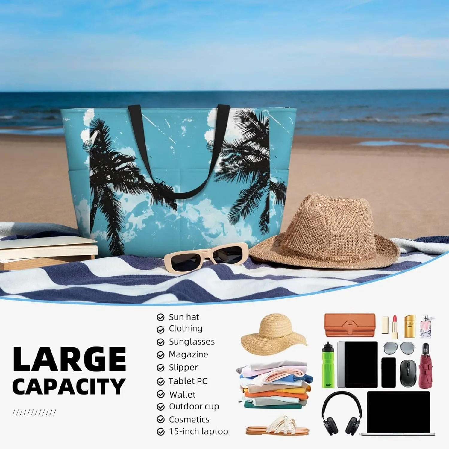 Hawaiian Print Large Beach Tote Bag Women Waterproof Sandproof Zipper Beach Tote Bag For Pool Gym Grocery Travel With Wet