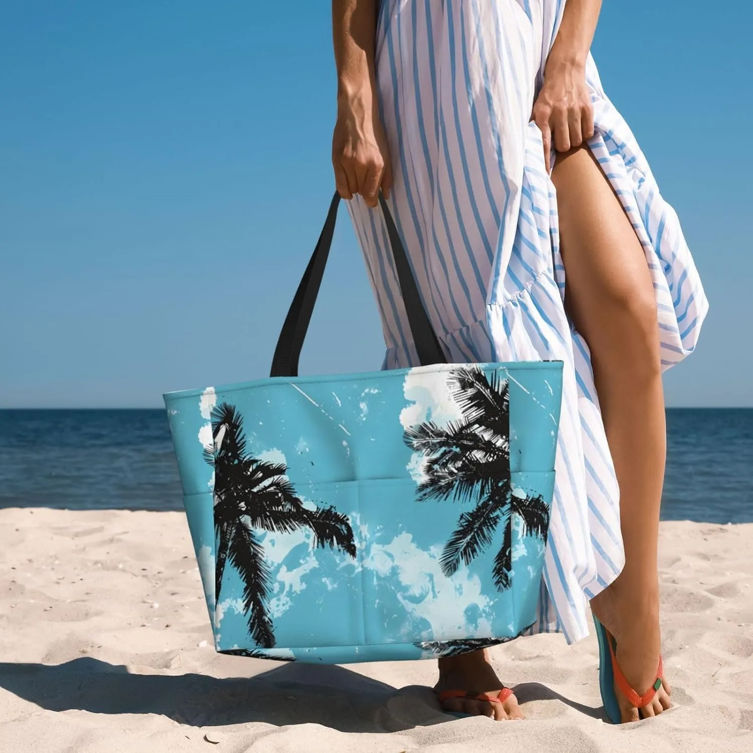 Hawaiian Print Large Beach Tote Bag Women Waterproof Sandproof Zipper Beach Tote Bag For Pool Gym Grocery Travel With Wet