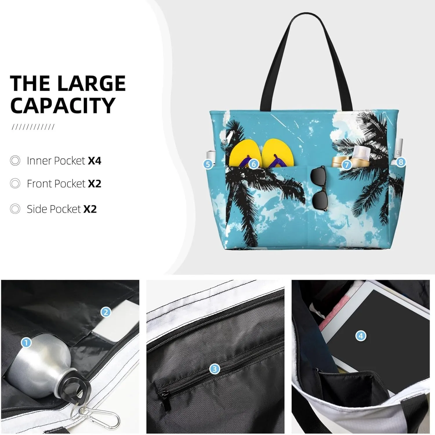 Hawaiian Print Large Beach Tote Bag Women Waterproof Sandproof Zipper Beach Tote Bag For Pool Gym Grocery Travel With Wet