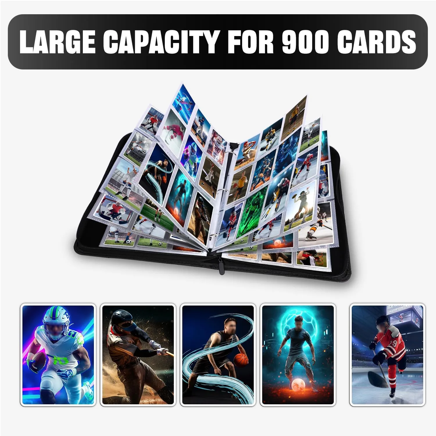 HESTECH Sports Card Binder with Sleeves, 900 Pocket Sports Card Holder for Trading Cards Zipper Book Folder Collector Album 3 Ring Baseball Football Basketball Hockey Soccer Organizer Storage