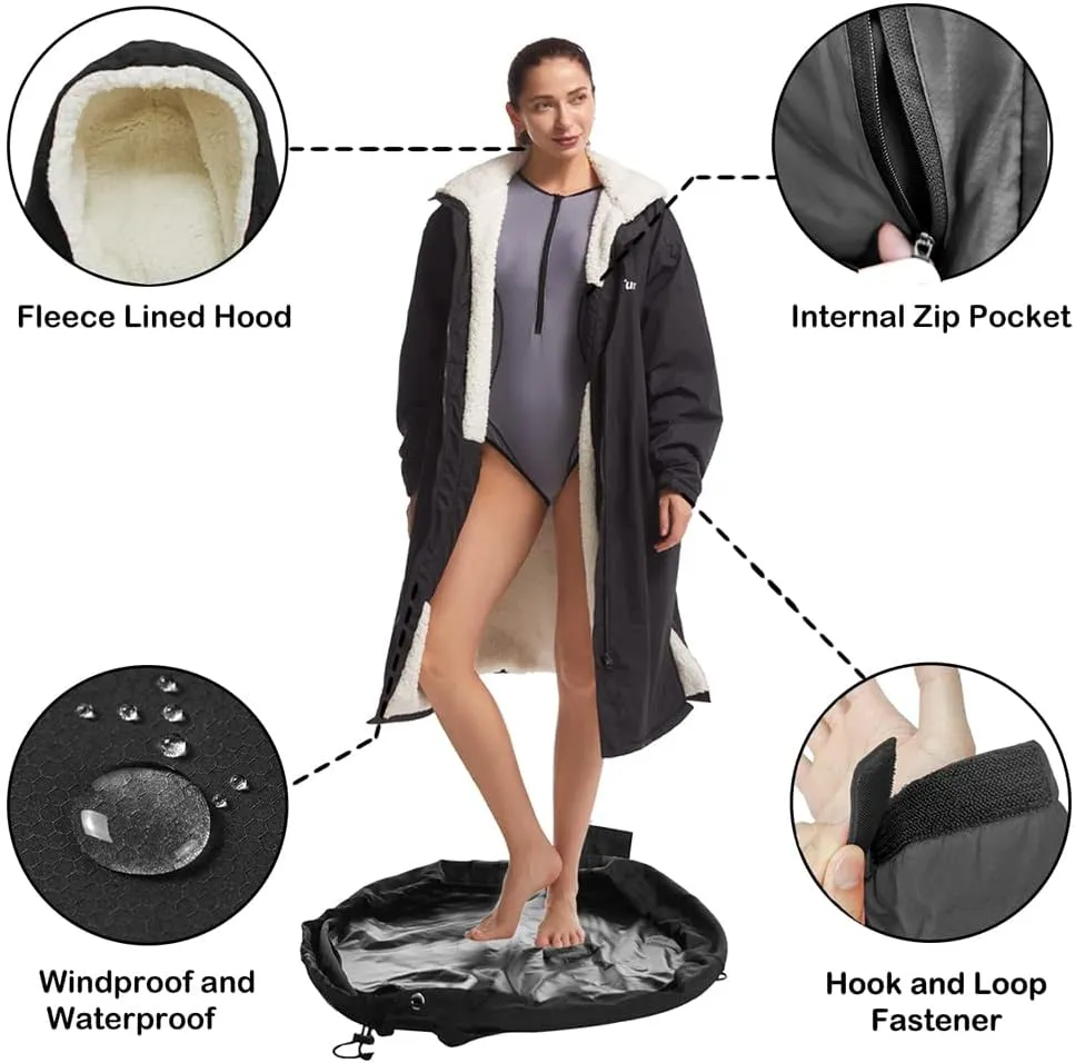 Hiturbo Warm Waterproof Swim Parka: Oversized Hooded Changing Robe - Sherpa Liner Swimming Coat - Recycled Fabric Surf Poncho