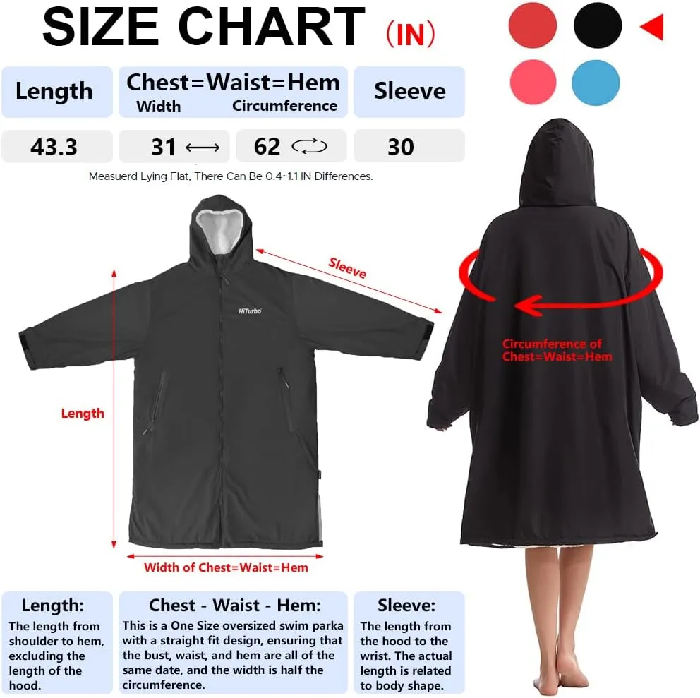 Hiturbo Warm Waterproof Swim Parka: Oversized Hooded Changing Robe - Sherpa Liner Swimming Coat - Recycled Fabric Surf Poncho