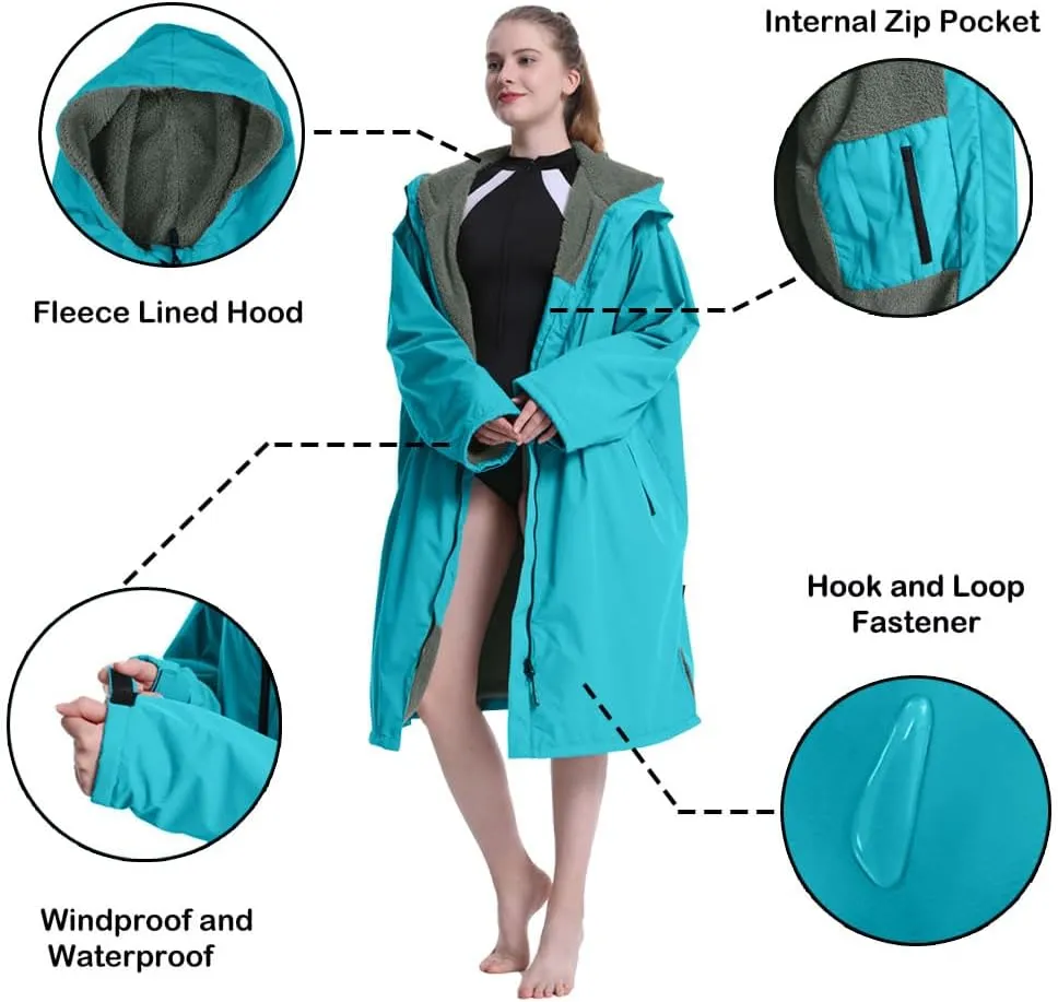 Hiturbo Warm Waterproof Swim Parka: Oversized Hooded Changing Robe - Sherpa Liner Swimming Coat - Recycled Fabric Surf Poncho