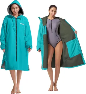 Hiturbo Warm Waterproof Swim Parka: Oversized Hooded Changing Robe - Sherpa Liner Swimming Coat - Recycled Fabric Surf Poncho