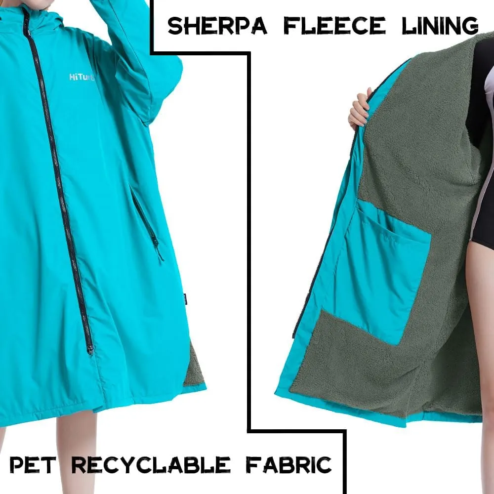 Hiturbo Warm Waterproof Swim Parka: Oversized Hooded Changing Robe - Sherpa Liner Swimming Coat - Recycled Fabric Surf Poncho