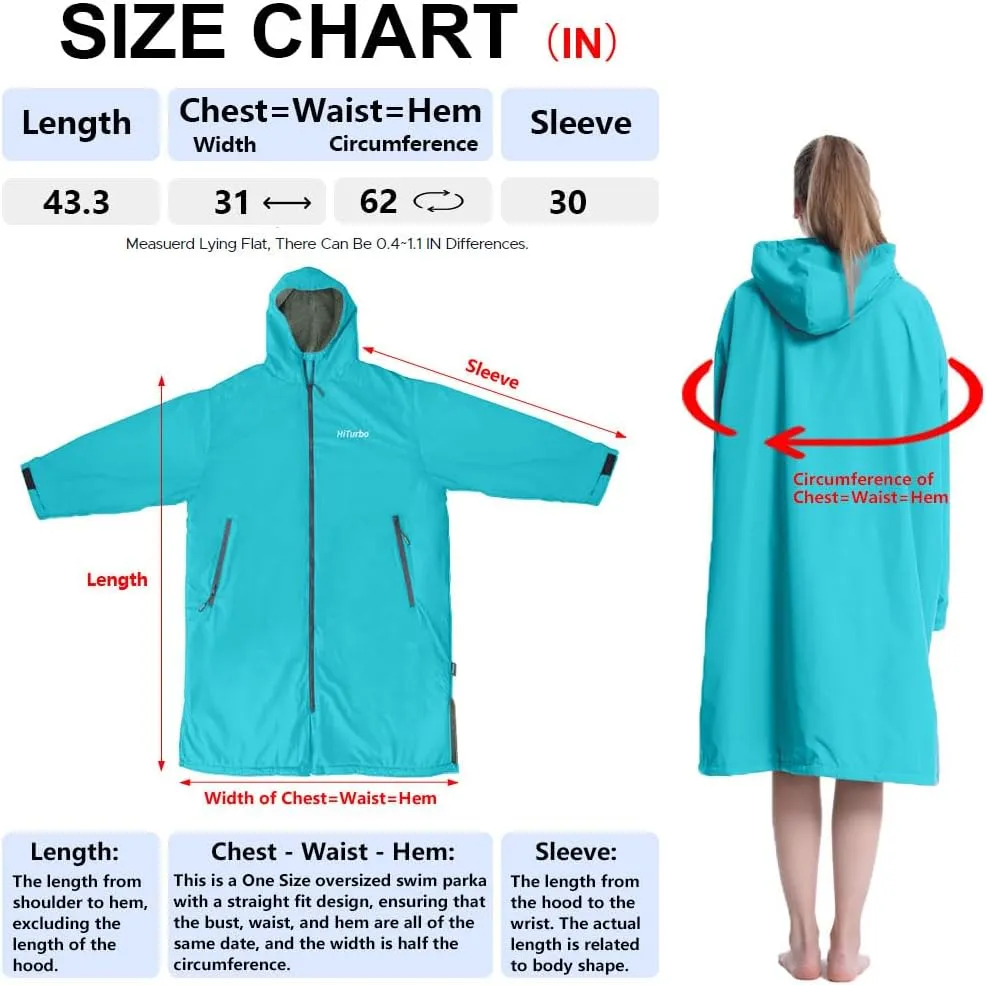 Hiturbo Warm Waterproof Swim Parka: Oversized Hooded Changing Robe - Sherpa Liner Swimming Coat - Recycled Fabric Surf Poncho