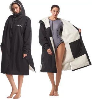 Hiturbo Warm Waterproof Swim Parka: Oversized Hooded Changing Robe - Sherpa Liner Swimming Coat - Recycled Fabric Surf Poncho