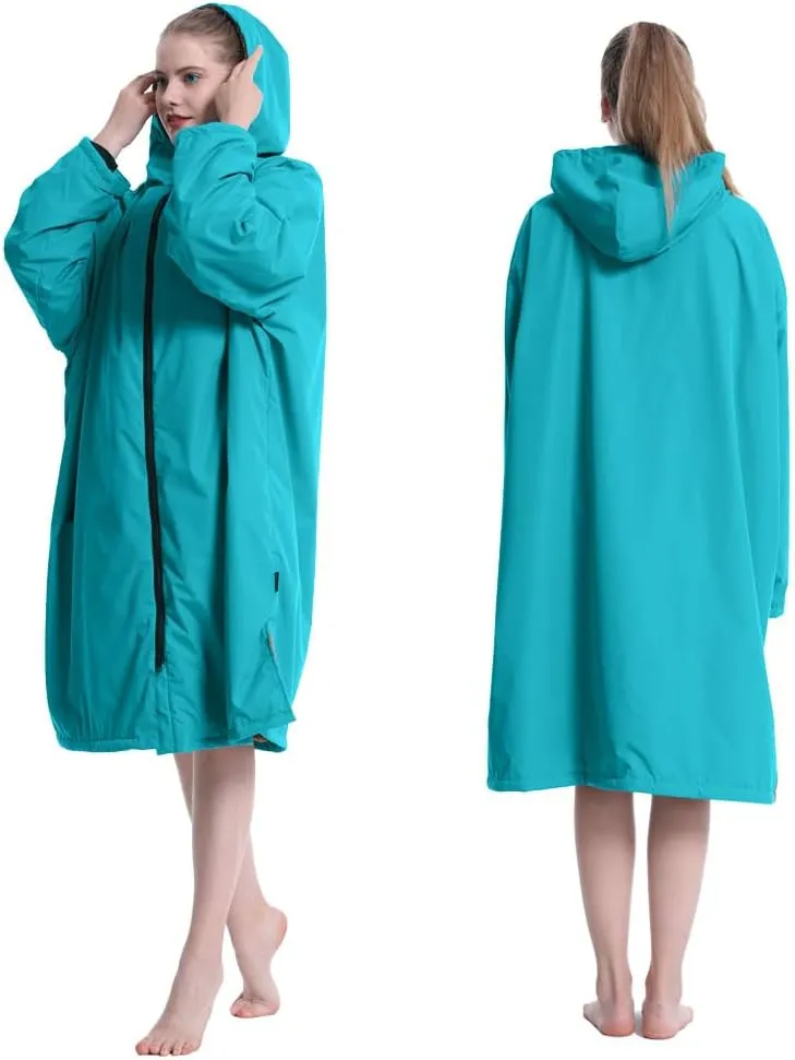 Hiturbo Warm Waterproof Swim Parka: Oversized Hooded Changing Robe - Sherpa Liner Swimming Coat - Recycled Fabric Surf Poncho