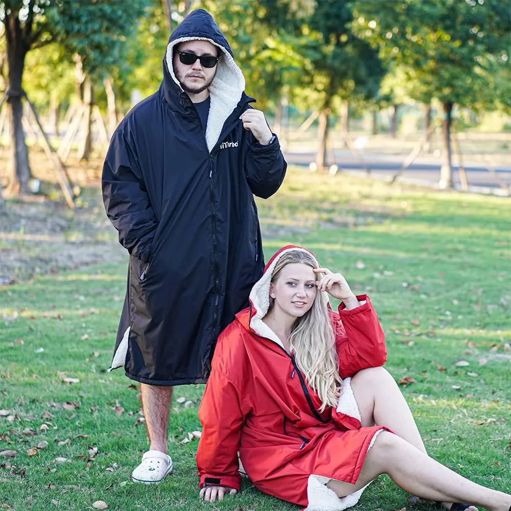 Hiturbo Warm Waterproof Swim Parka: Oversized Hooded Changing Robe - Sherpa Liner Swimming Coat - Recycled Fabric Surf Poncho