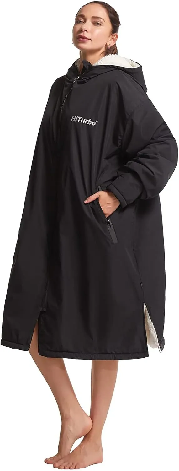 Hiturbo Warm Waterproof Swim Parka: Oversized Hooded Changing Robe - Sherpa Liner Swimming Coat - Recycled Fabric Surf Poncho