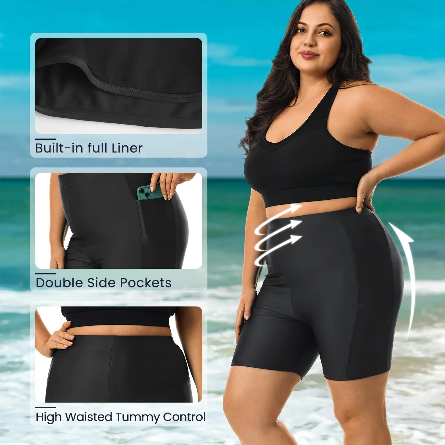 HODOSPORTS Plus Size Women's Swim Shorts with Pockets UPF50  High Waisted Board Shorts Tummy Control Swimsuit Bottoms 1X-6X