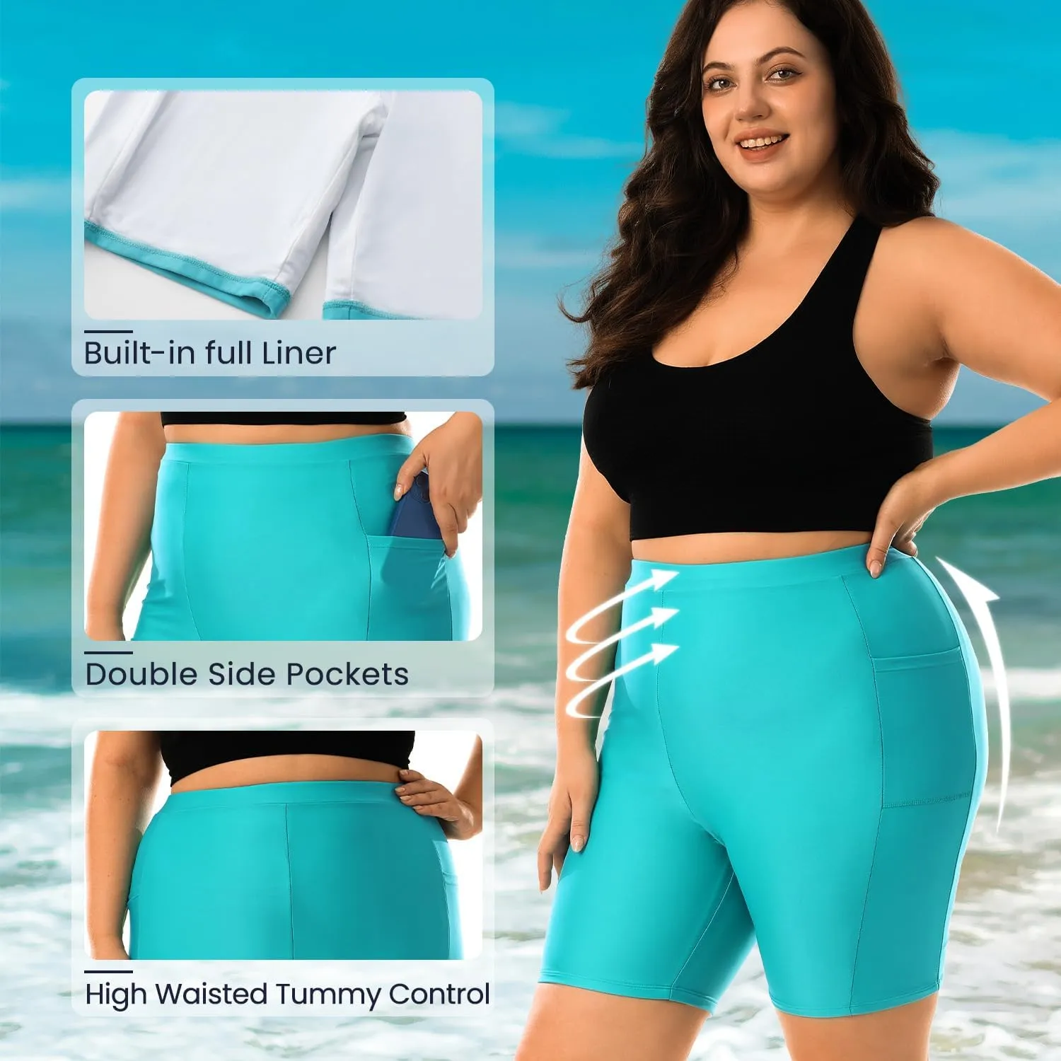 HODOSPORTS Plus Size Women's Swim Shorts with Pockets UPF50  High Waisted Board Shorts Tummy Control Swimsuit Bottoms 1X-6X