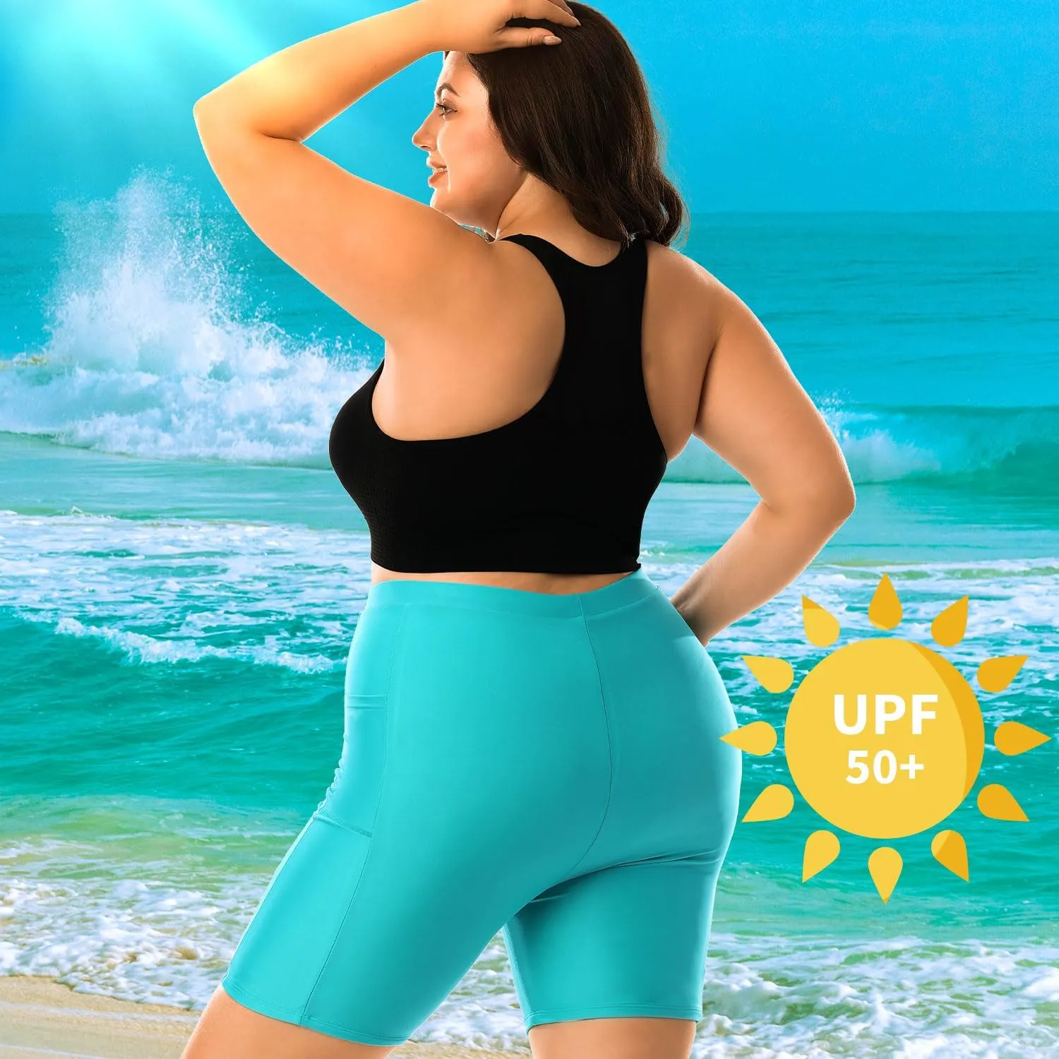 HODOSPORTS Plus Size Women's Swim Shorts with Pockets UPF50  High Waisted Board Shorts Tummy Control Swimsuit Bottoms 1X-6X