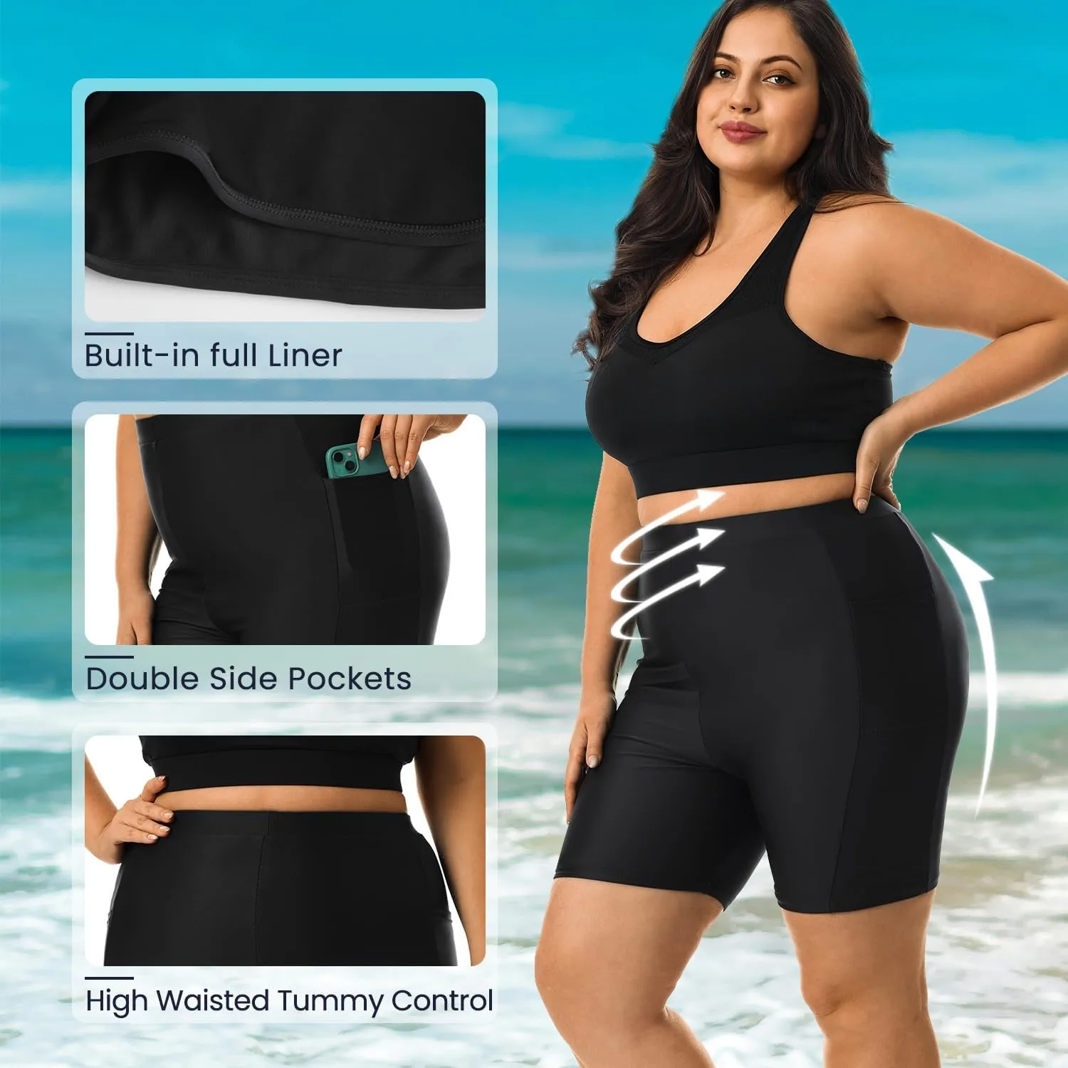 HODOSPORTS Plus Size Women's Swim Shorts with Pockets UPF50  High Waisted Board Shorts Tummy Control Swimsuit Bottoms 1X-6X