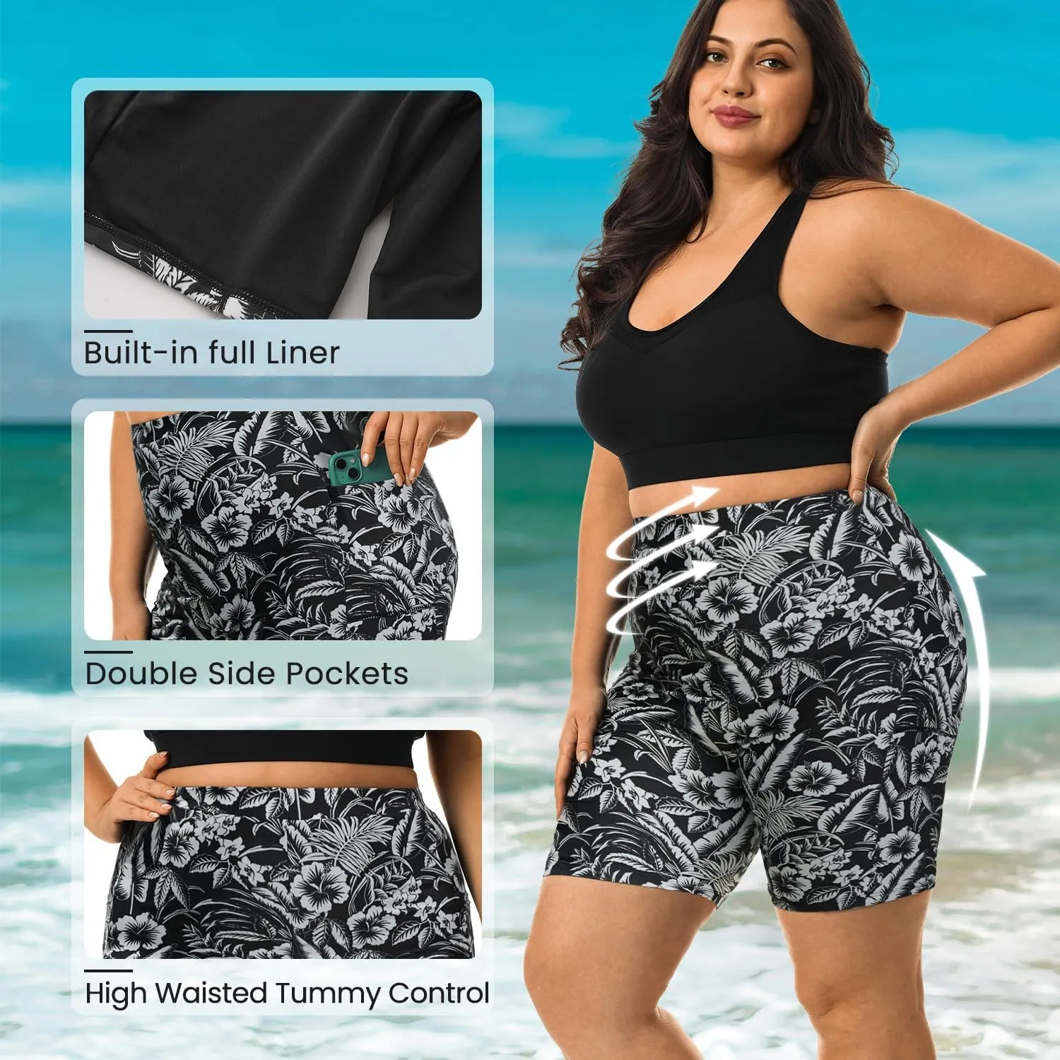 HODOSPORTS Plus Size Women's Swim Shorts with Pockets UPF50  High Waisted Board Shorts Tummy Control Swimsuit Bottoms 1X-6X