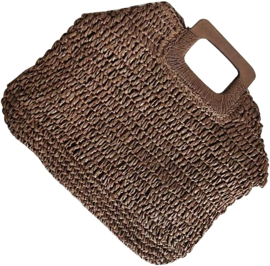 Homoyoyo Girl Weave Bag Women Straw Bag Polyester Lining Wooden Handle Large Capacity for Travel Daily Use (dark)