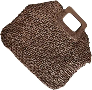 Homoyoyo Girl Weave Bag Women Straw Bag Polyester Lining Wooden Handle Large Capacity for Travel Daily Use (dark)