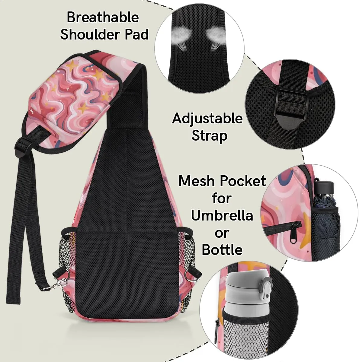 Hot Pink Shiny Sling Backpack Chest Bag for Women Men Crossbody Shoulder Bag Fanny Pack with Adjustable Strap