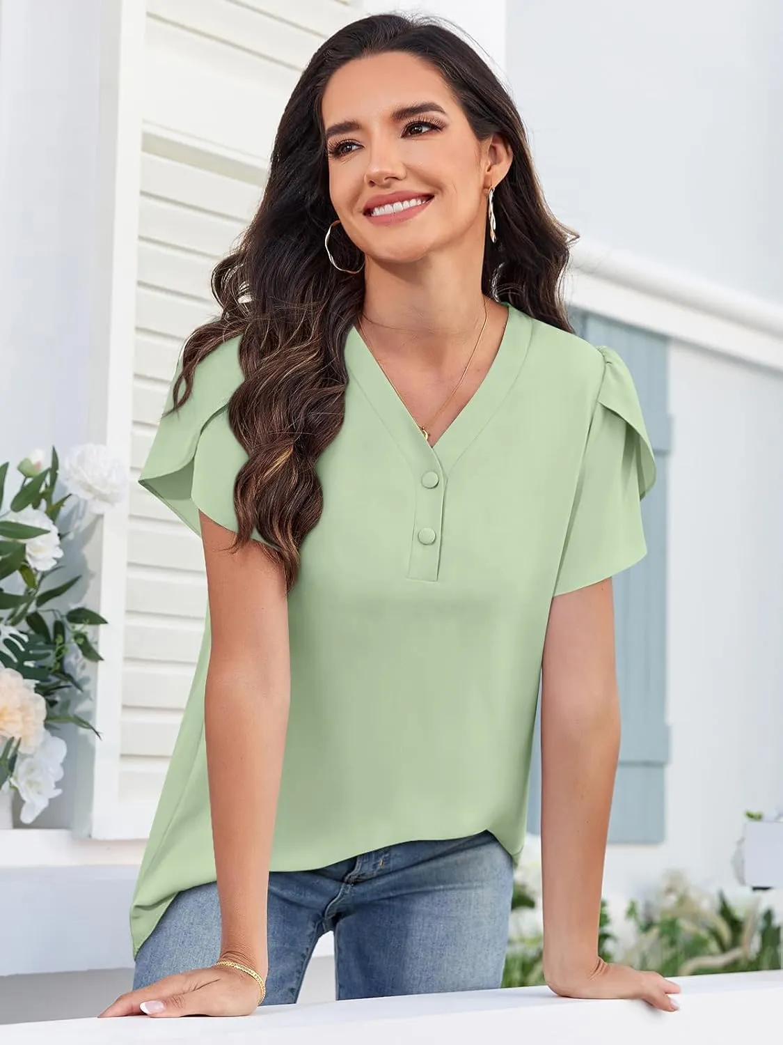 HOTGIFT Womens Blouse 2025 Summer Short Sleeve V Neck Buttons Chiffon Tops M-3XL