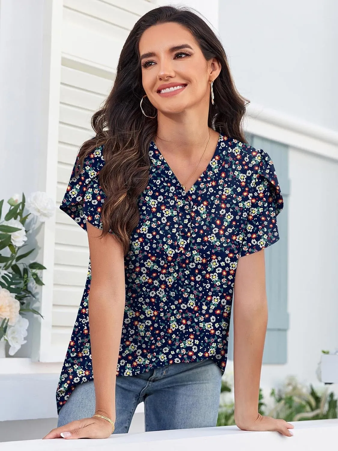 HOTGIFT Womens Blouse 2025 Summer Short Sleeve V Neck Buttons Chiffon Tops M-3XL
