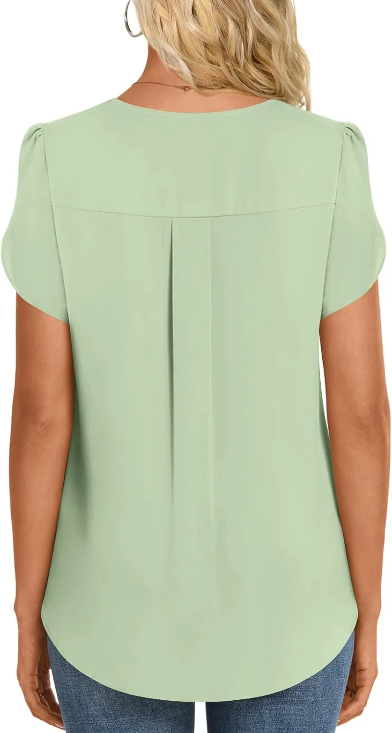 HOTGIFT Womens Blouse 2025 Summer Short Sleeve V Neck Buttons Chiffon Tops M-3XL