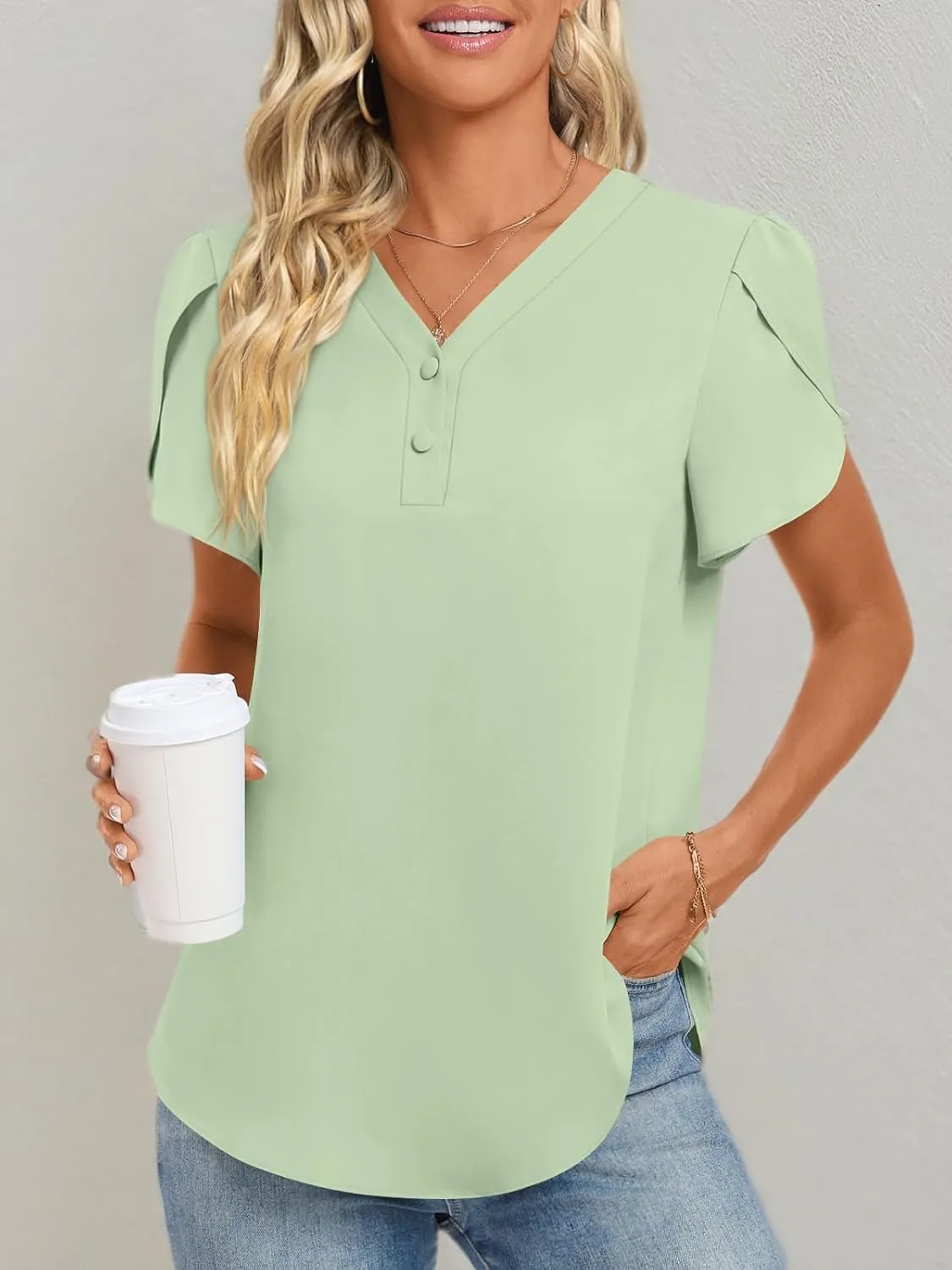 HOTGIFT Womens Blouse 2025 Summer Short Sleeve V Neck Buttons Chiffon Tops M-3XL