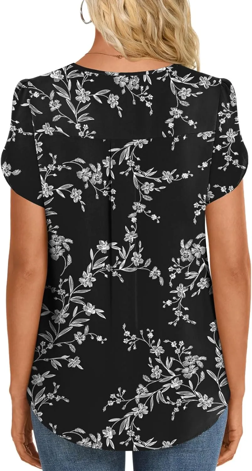 HOTGIFT Womens Blouse 2025 Summer Short Sleeve V Neck Buttons Chiffon Tops M-3XL
