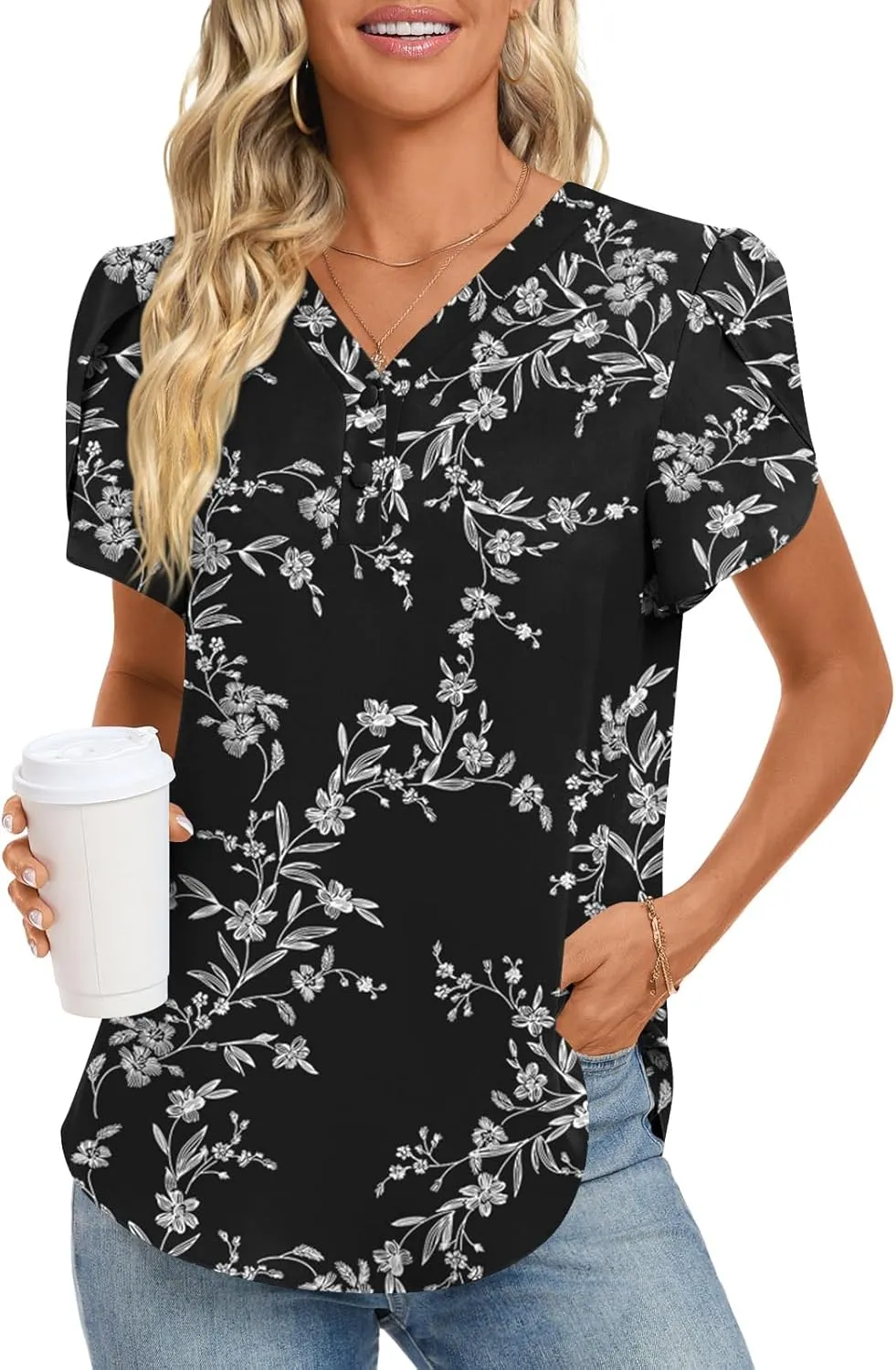 HOTGIFT Womens Blouse 2025 Summer Short Sleeve V Neck Buttons Chiffon Tops M-3XL