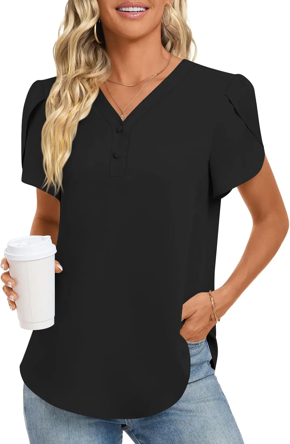 HOTGIFT Womens Blouse 2025 Summer Short Sleeve V Neck Buttons Chiffon Tops M-3XL