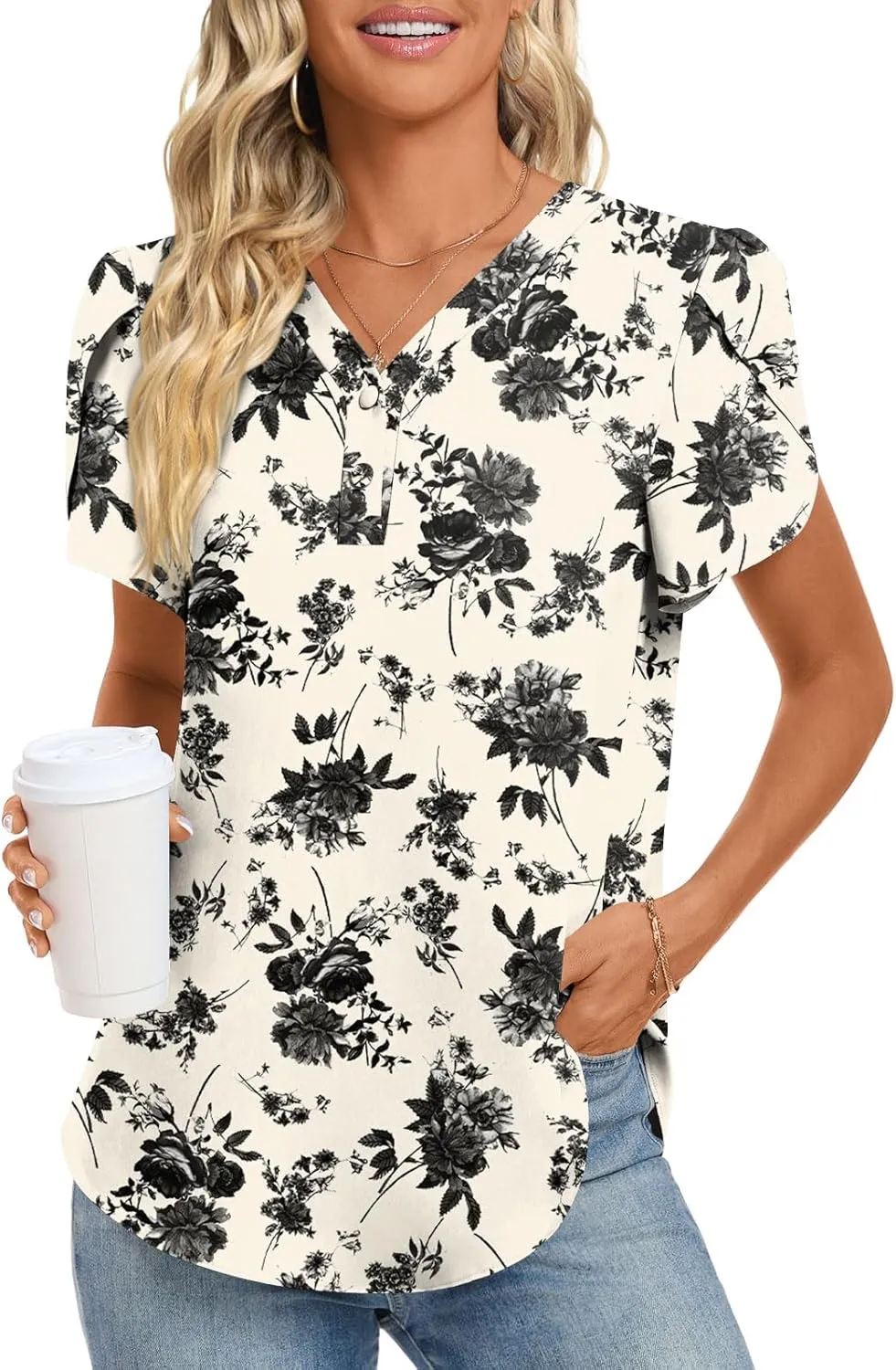 HOTGIFT Womens Blouse 2025 Summer Short Sleeve V Neck Buttons Chiffon Tops M-3XL