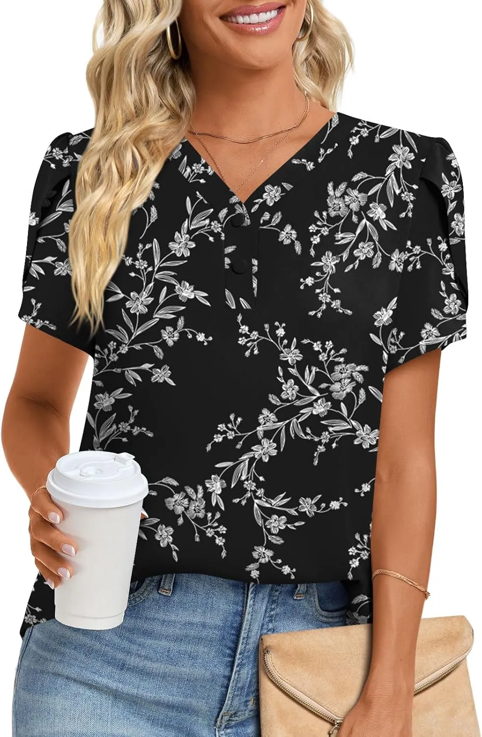 HOTGIFT Womens Blouse 2025 Summer Short Sleeve V Neck Buttons Chiffon Tops M-3XL