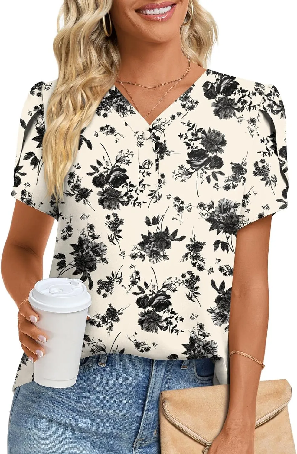 HOTGIFT Womens Blouse 2025 Summer Short Sleeve V Neck Buttons Chiffon Tops M-3XL