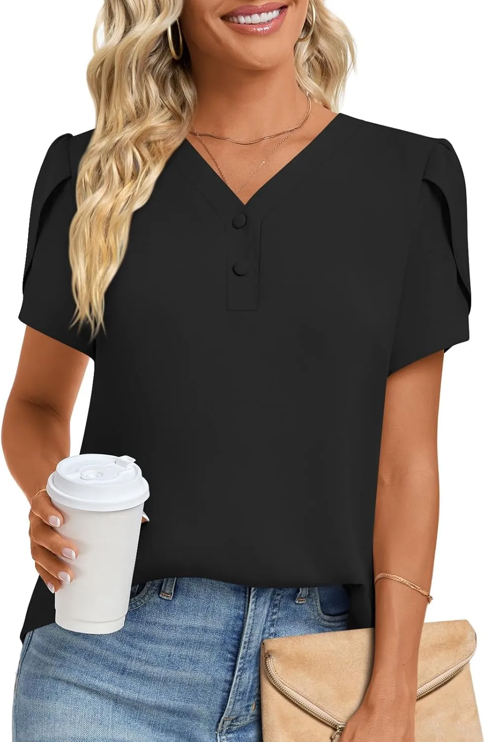HOTGIFT Womens Blouse 2025 Summer Short Sleeve V Neck Buttons Chiffon Tops M-3XL