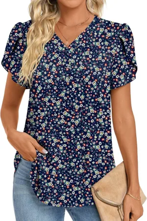 HOTGIFT Womens Blouse 2025 Summer Short Sleeve V Neck Buttons Chiffon Tops M-3XL