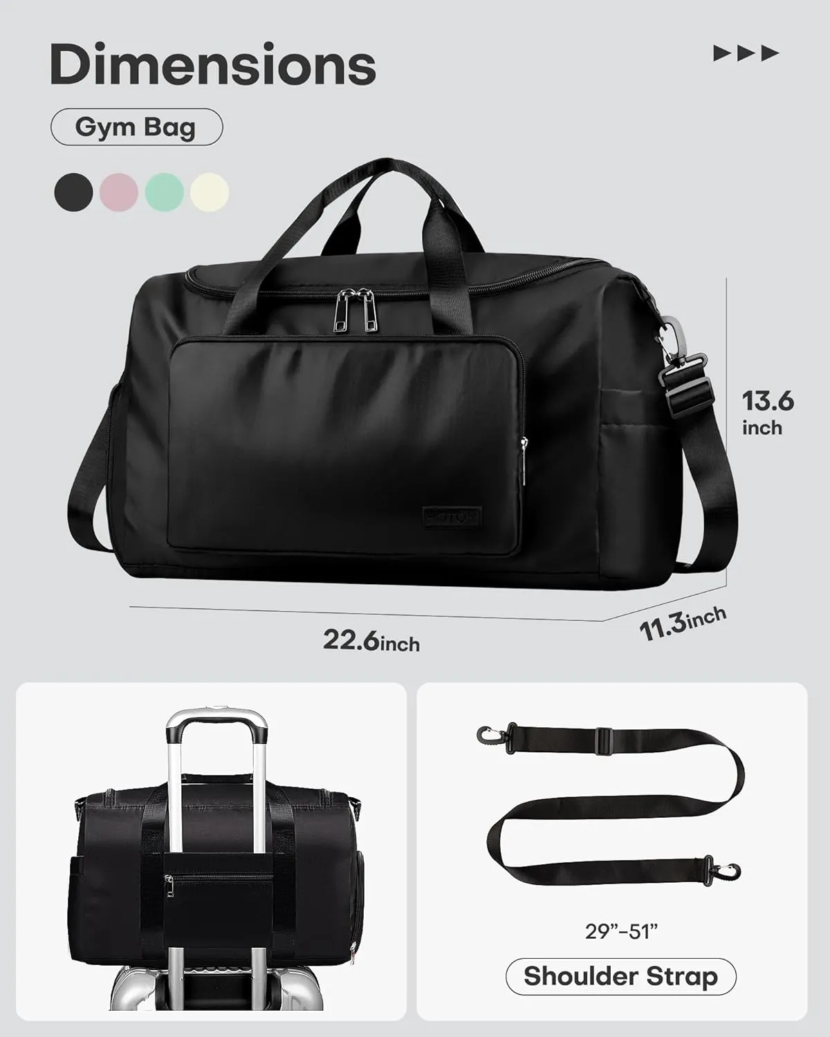 HOTOR Gym Bag for Men and Women - Travel Duffle Bag with Shoe Compartment and Waterproof Pocket, Carry on Luggage with Trolley Sleeve for Sports, Weekend Trips, Large, Black, 22.6" × 11.3" × 13.6"