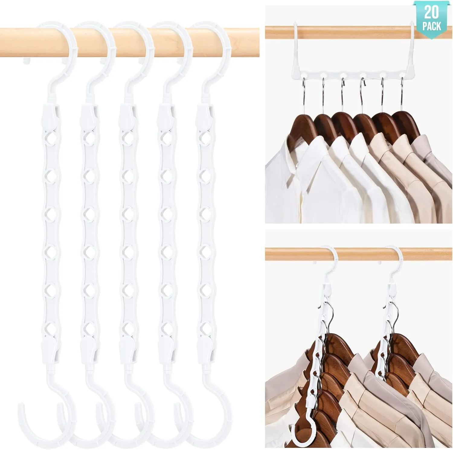 HOUSE DAY Space Saving White Plastic Clothes Hangers, 20 Pack, Multi-Use Closet Organizer, Ideal for College Dorms and Small Apartments