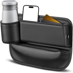 Huakaile Black Car Seat Gap Filler Organizer, Multifunctional Car Leather Cup Holder Gap Bag Pocket, Universal Car Seat Storage Box for Women Men Truck Auto Phone Glasses Key (Black)