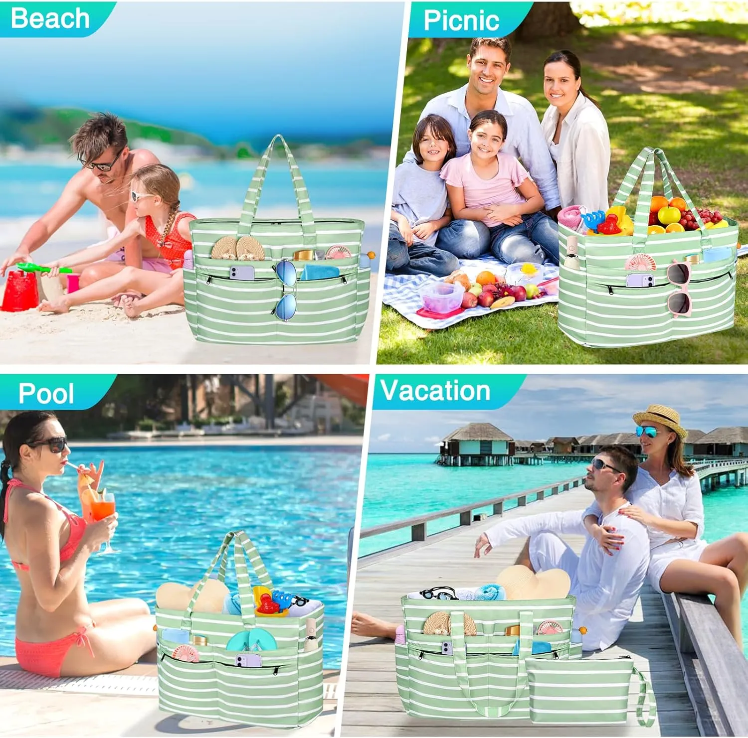 HUANLANG Extra Large Beach Bag Waterproof Beach Totes Bags for Women Men,Pool Bag with Zipper Wet Pocket