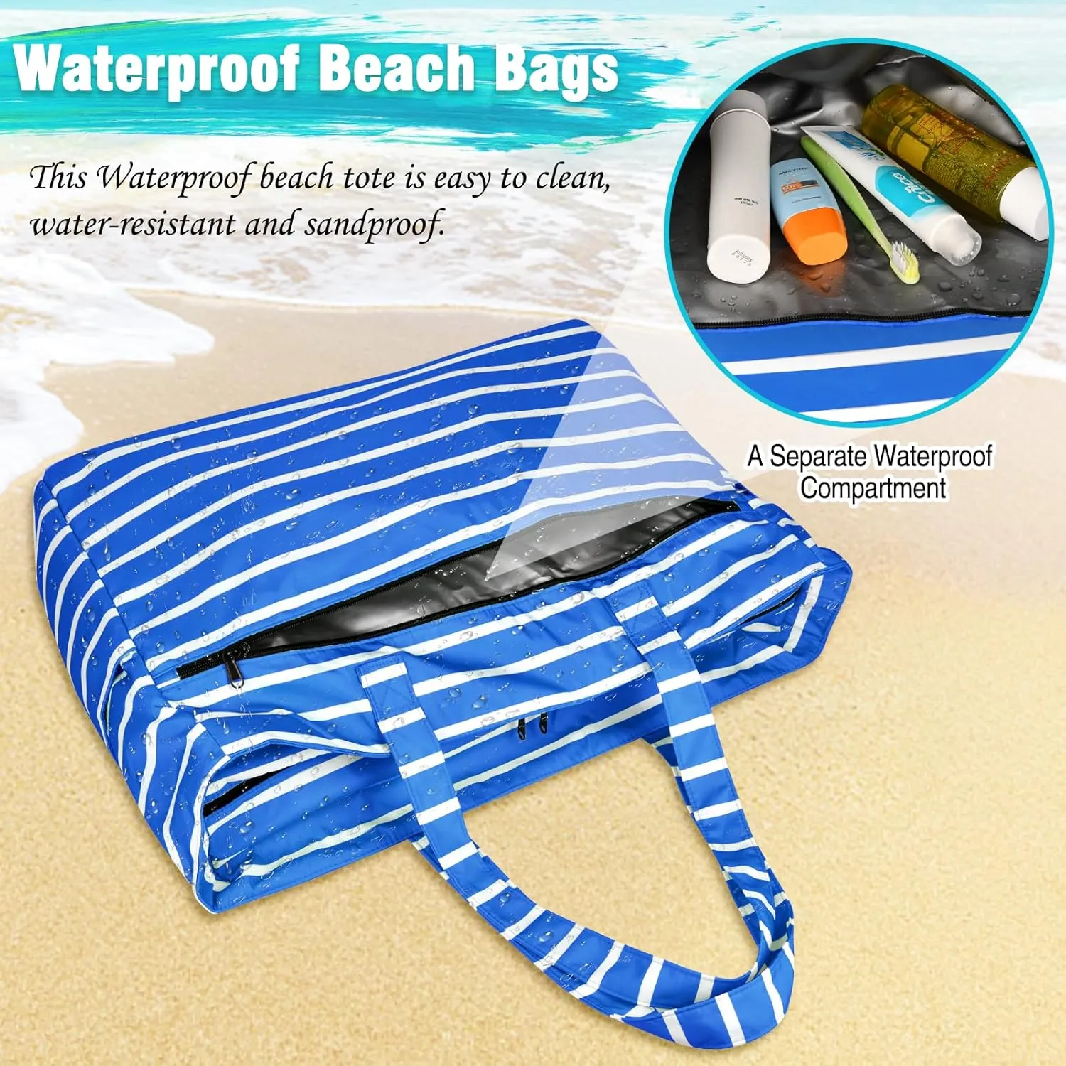 HUANLANG Extra Large Beach Bag Waterproof Beach Totes Bags for Women Men,Pool Bag with Zipper Wet Pocket