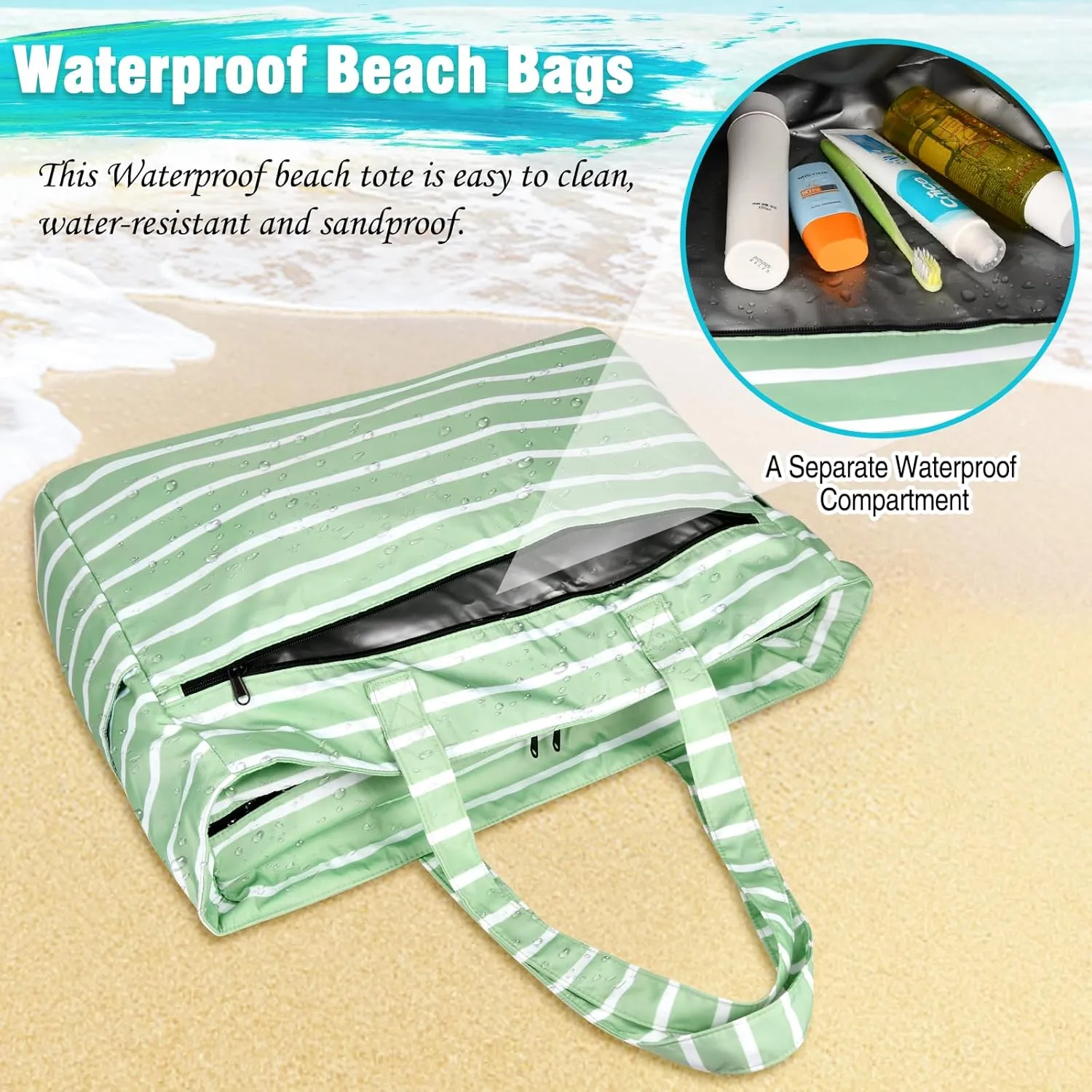 HUANLANG Extra Large Beach Bag Waterproof Beach Totes Bags for Women Men,Pool Bag with Zipper Wet Pocket