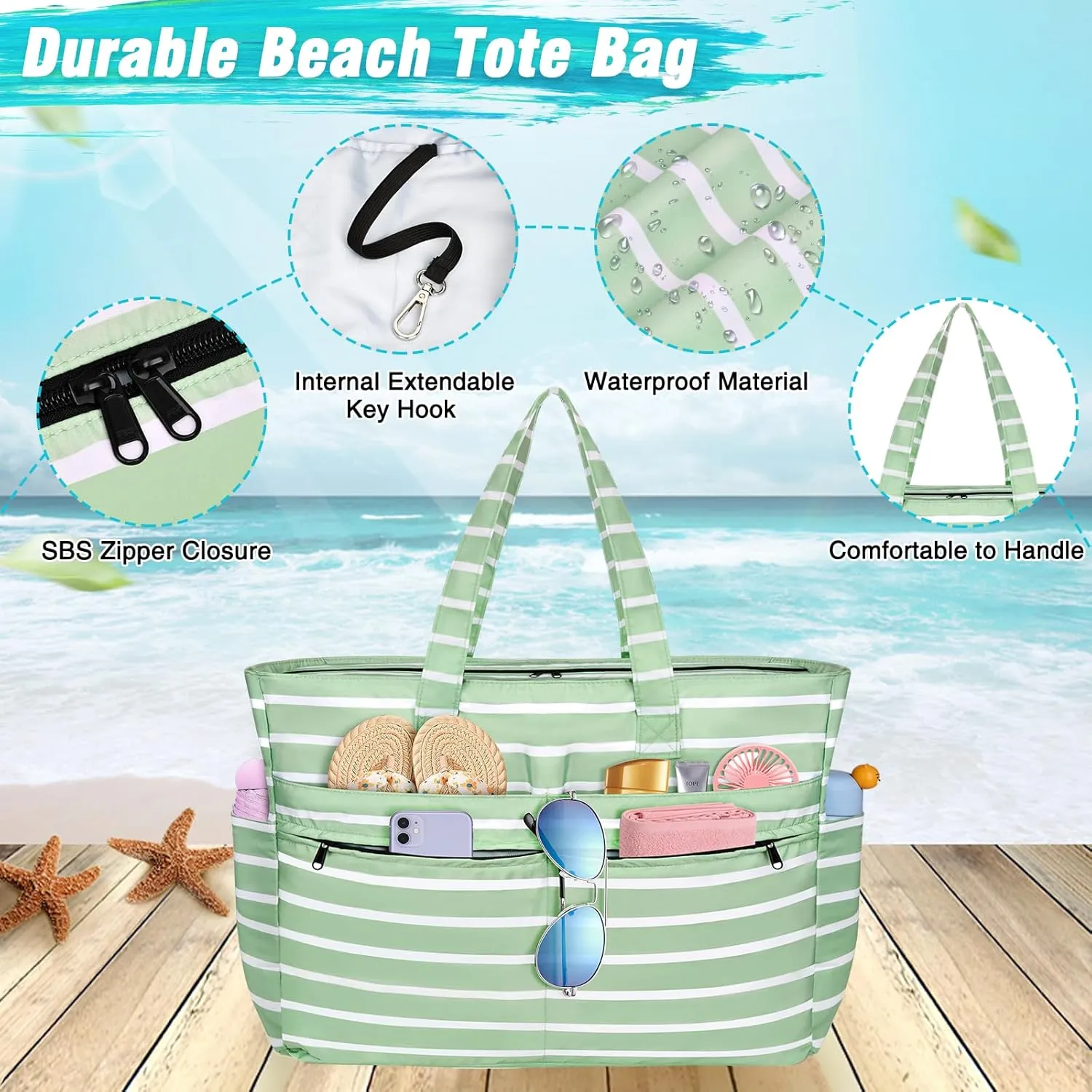 HUANLANG Extra Large Beach Bag Waterproof Beach Totes Bags for Women Men,Pool Bag with Zipper Wet Pocket