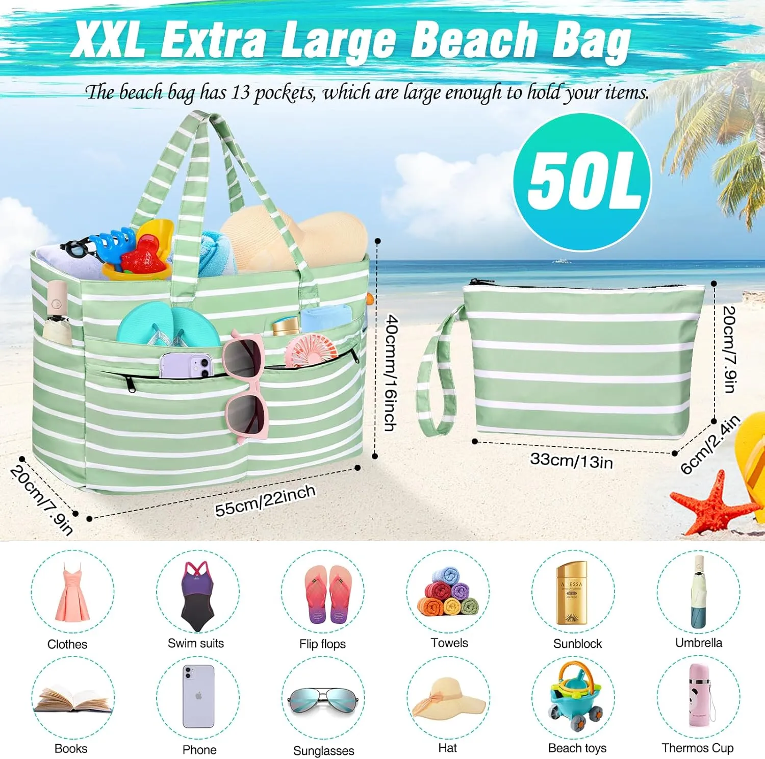 HUANLANG Extra Large Beach Bag Waterproof Beach Totes Bags for Women Men,Pool Bag with Zipper Wet Pocket