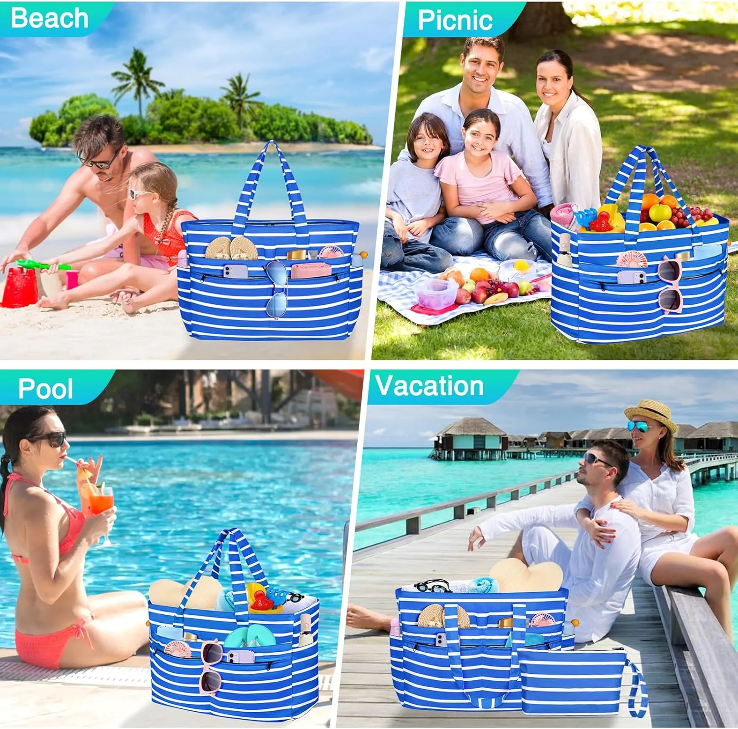 HUANLANG Extra Large Beach Bag Waterproof Beach Totes Bags for Women Men,Pool Bag with Zipper Wet Pocket
