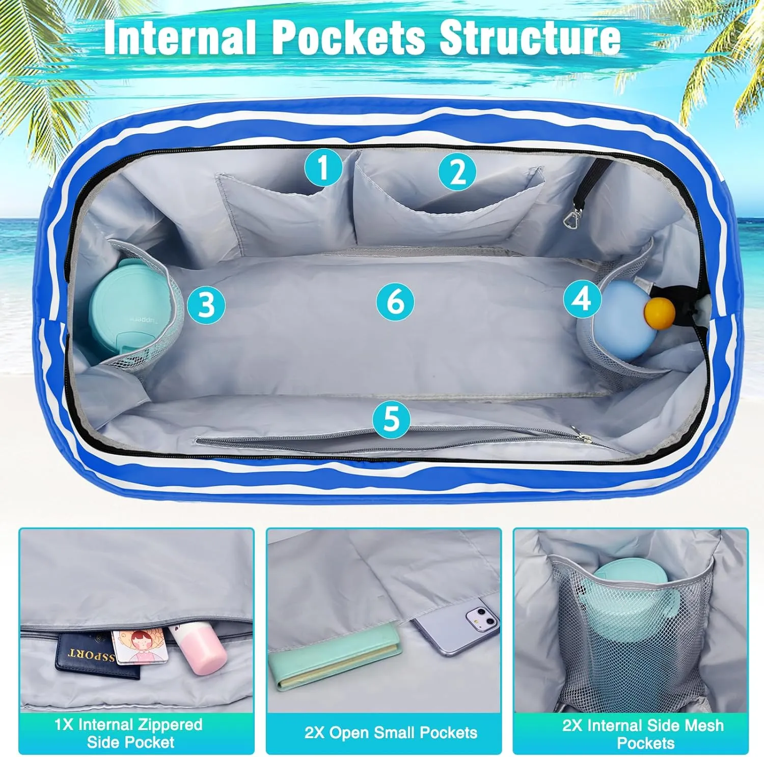 HUANLANG Extra Large Beach Bag Waterproof Beach Totes Bags for Women Men,Pool Bag with Zipper Wet Pocket